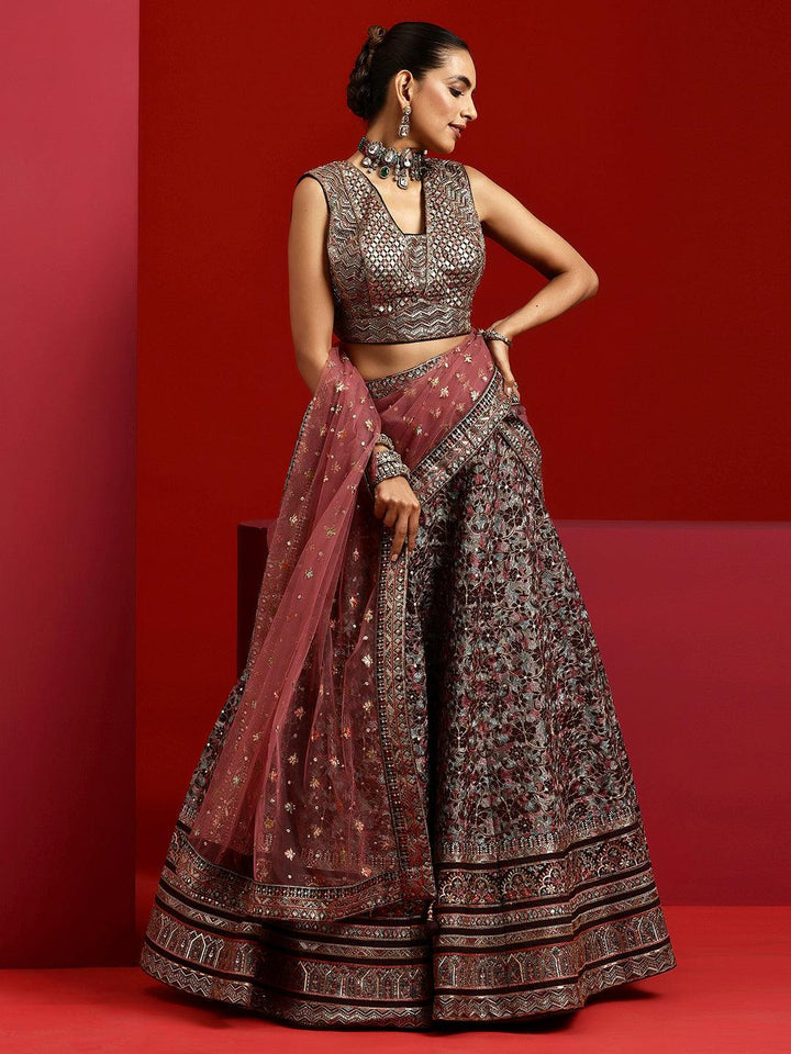 Libas Art Wine Embroidered Silk Blend Lehenga Set - Libas