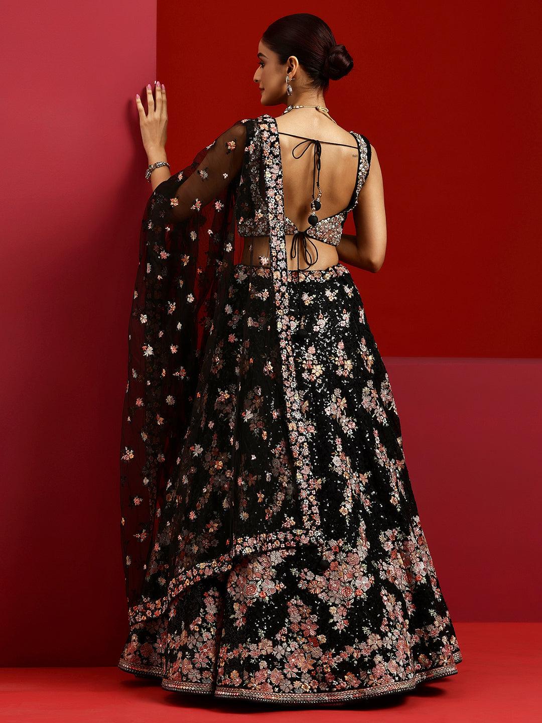 Libas Art Black Embroidered Silk Blend Lehenga Set - Libas