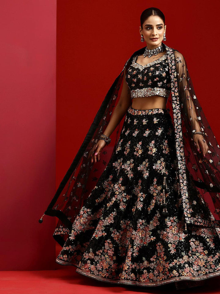 Libas Art Black Embroidered Silk Blend Lehenga Set - Libas