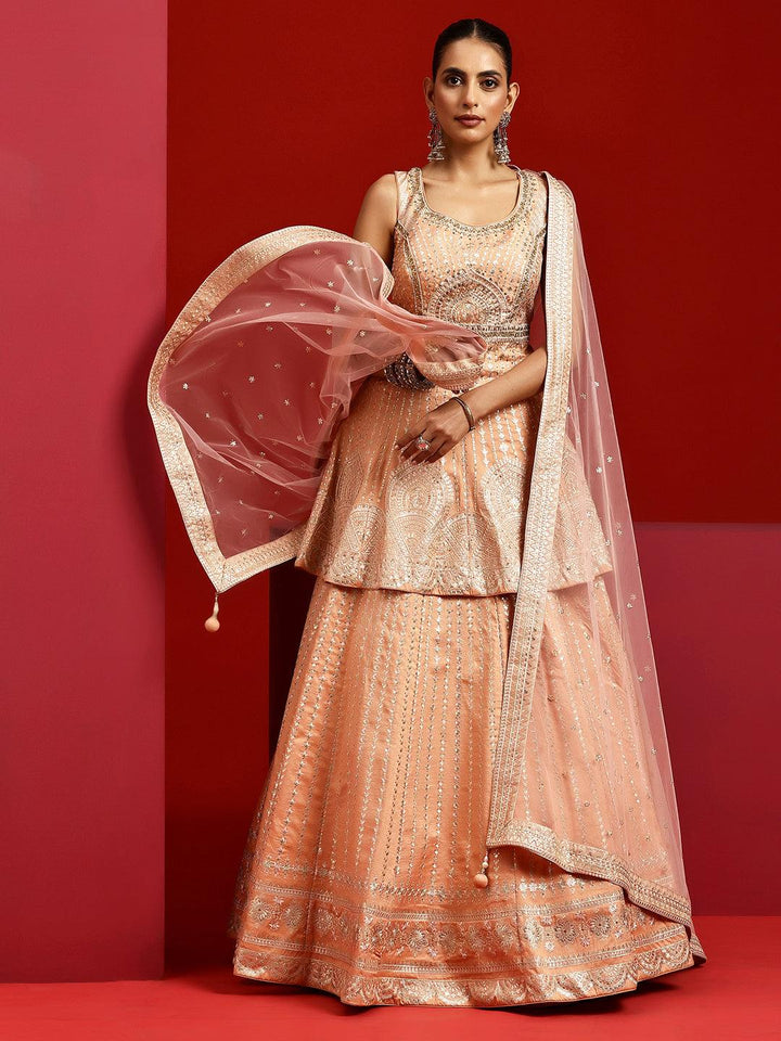 Libas Art Peach Embroidered Silk Blend Lehenga Set - Libas