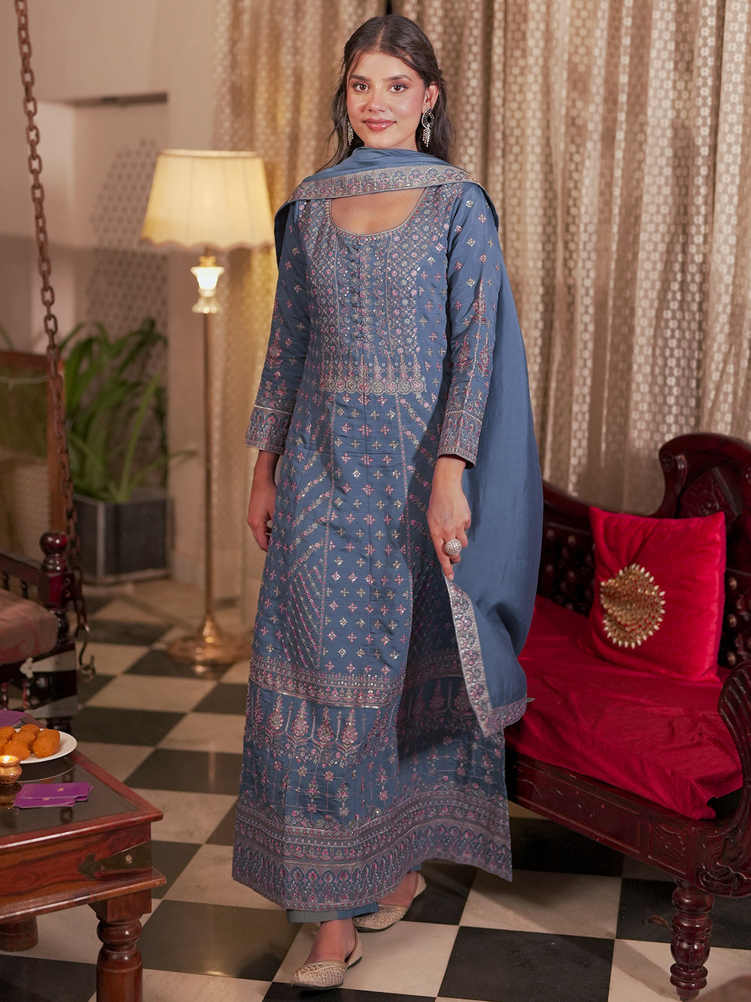  Libas Art Blue Embroidered Silk Blend A-Line Kurta With Sharara & Dupatta 