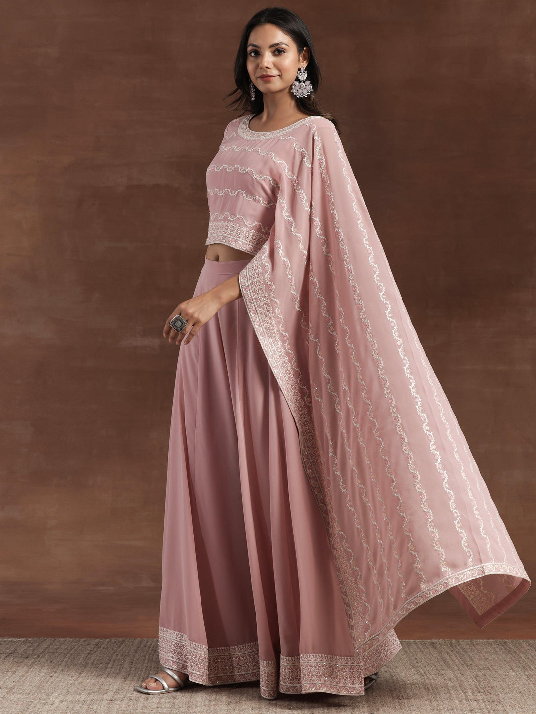 Libas Art Pink Embroidered Georgette Co-Ords - Libas