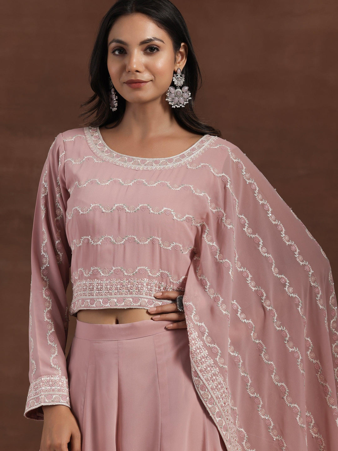 Libas Art Pink Embroidered Georgette Co-Ords - Libas