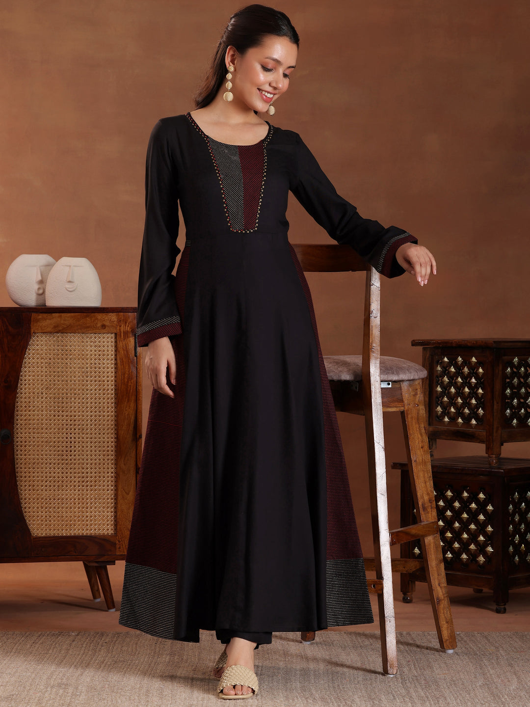  Black Self Design Pure Cotton A-Line Kurta With Trousers 