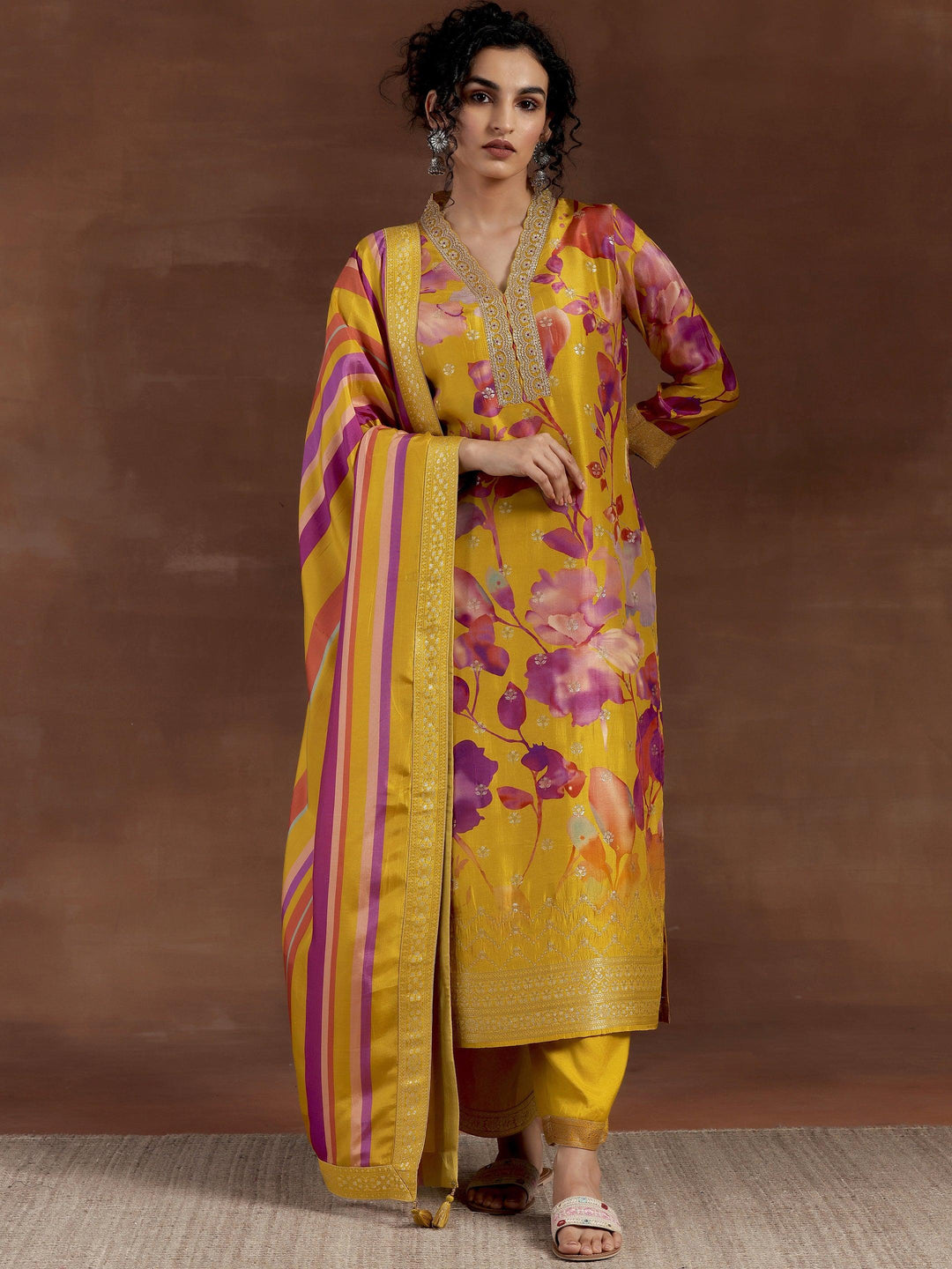 Mustard Printed Silk Blend Straight Suit With Dupatta - Libas 