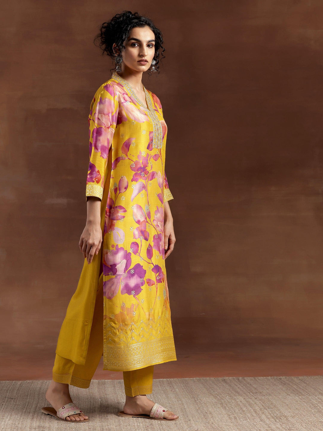 Mustard Printed Silk Blend Straight Suit With Dupatta - Libas 