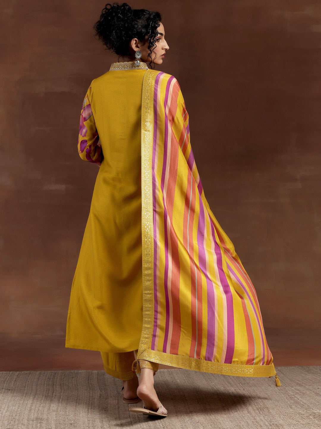 Mustard Printed Silk Blend Straight Suit With Dupatta - Libas 