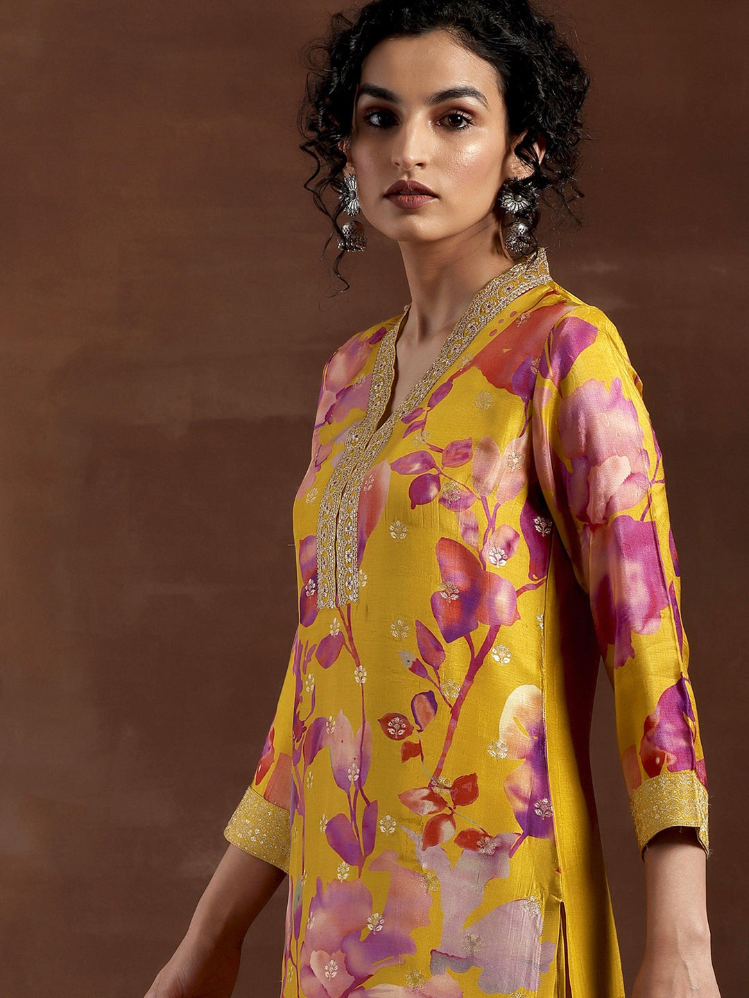 Mustard Printed Silk Blend Straight Suit With Dupatta - Libas 