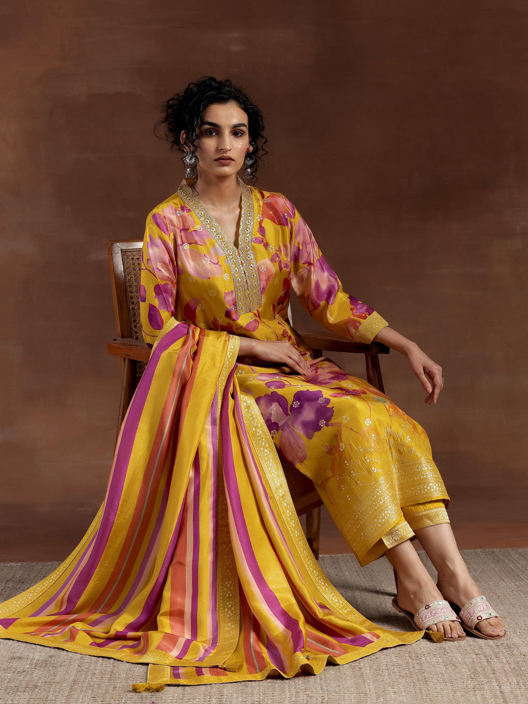 Mustard Printed Silk Blend Straight Suit With Dupatta - Libas