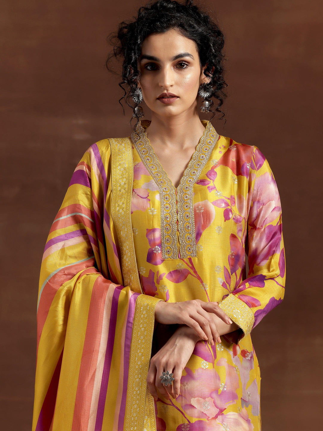 Mustard Printed Silk Blend Straight Suit With Dupatta - Libas 