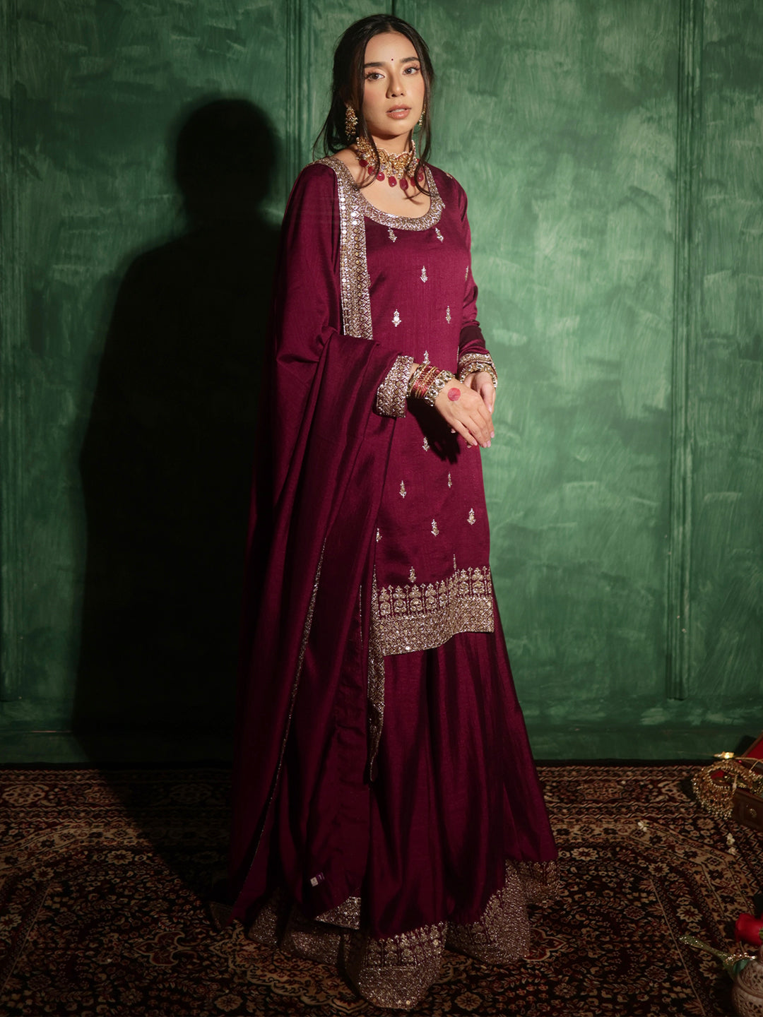 Maroon Embroidered Silk Blend Straight Suit With Dupatta