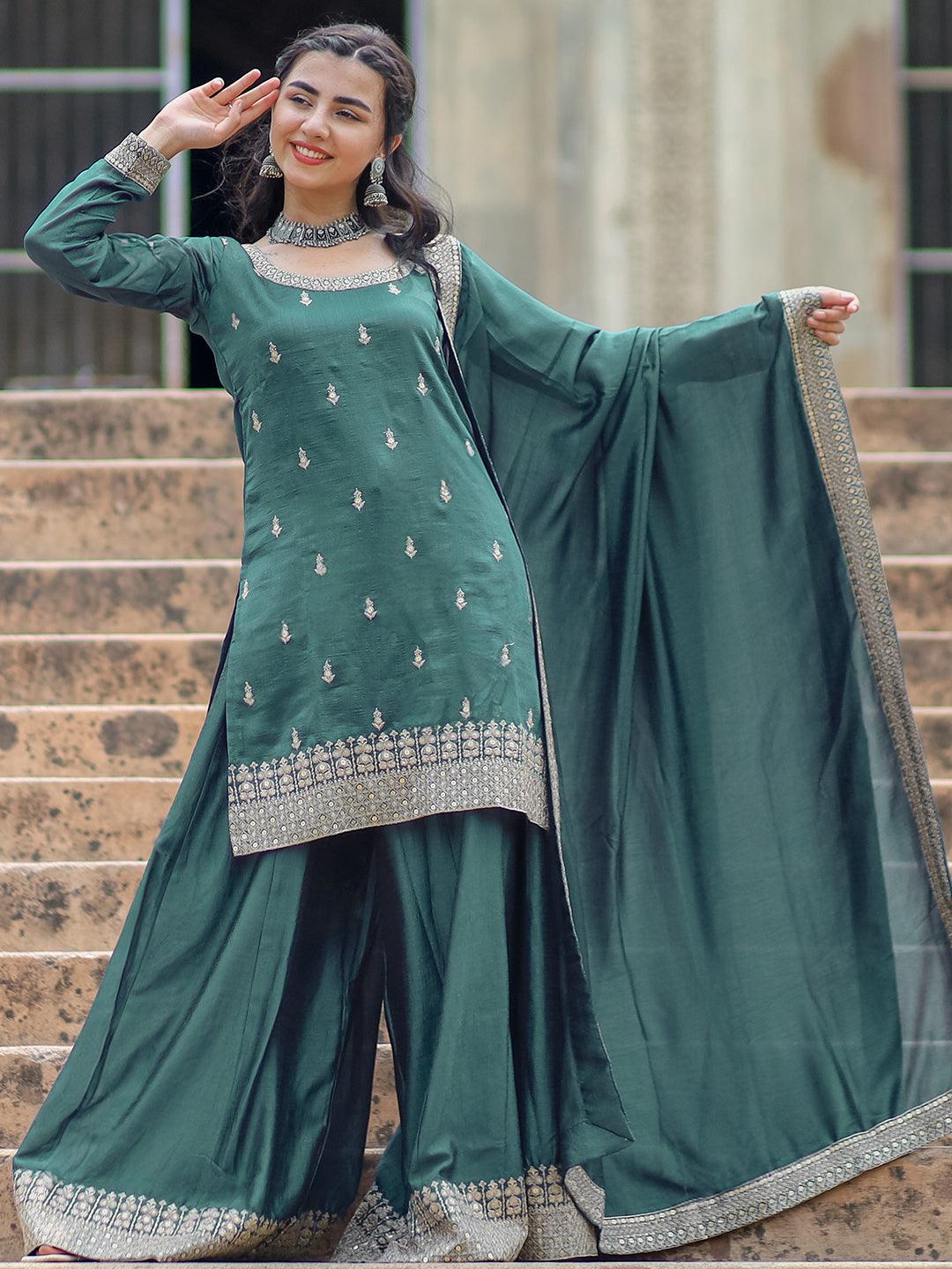 Grey Embroidered Silk Blend Pakistani Suit - Libas 