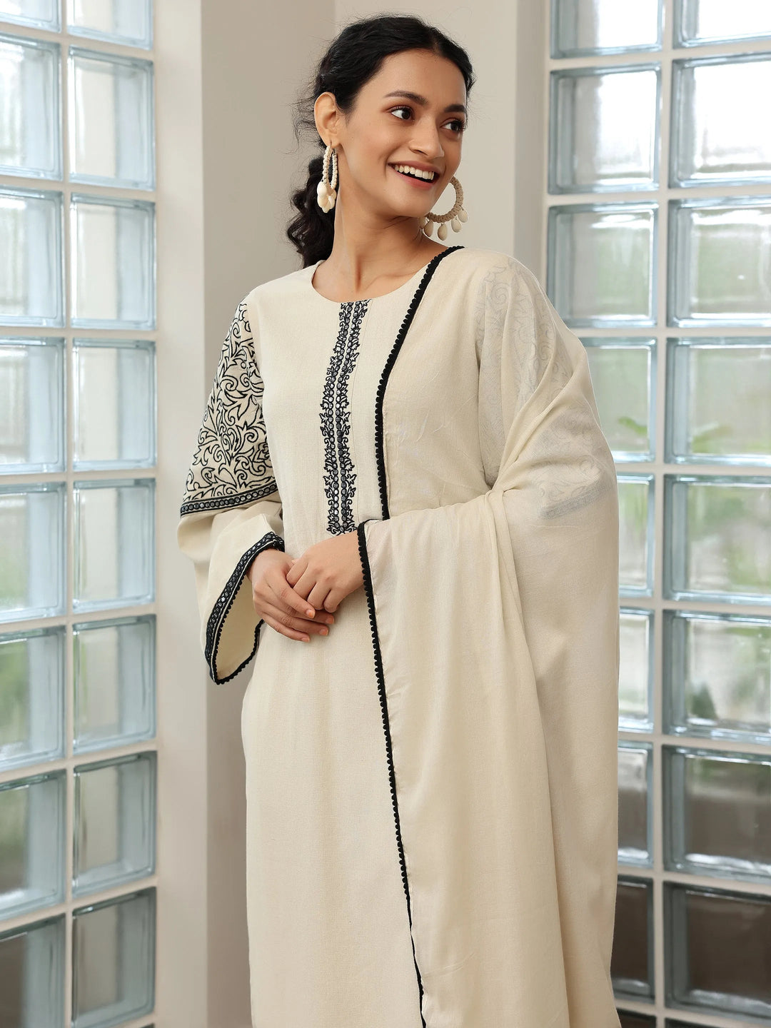  Beige Solid Cotton Blend Straight Suit With Dupatta 