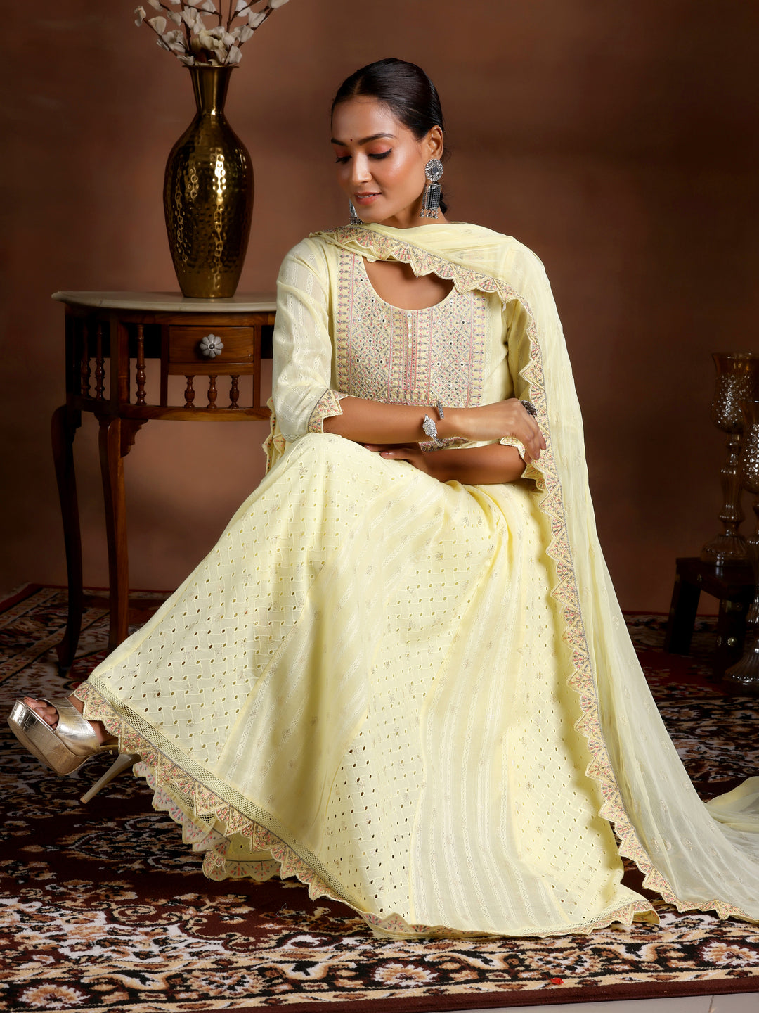  Yellow Embroidered Cotton A-Line Kurta With Trousers & Dupatta 