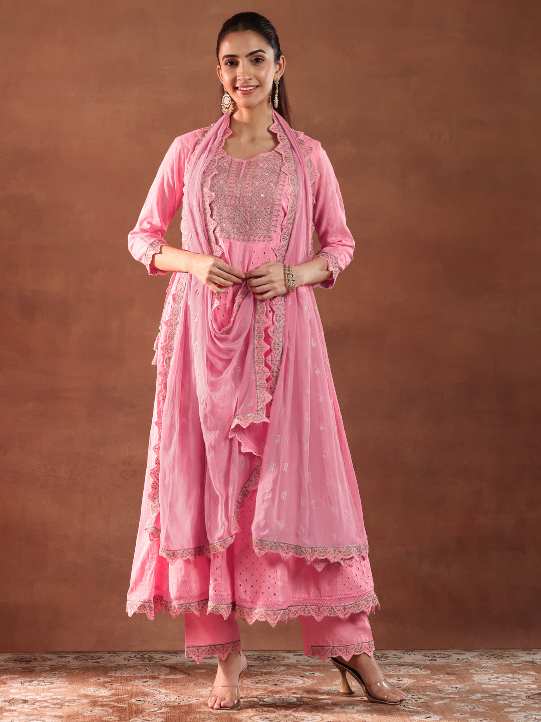  Pink Embroidered Cotton A-Line Kurta With Trousers & Dupatta 