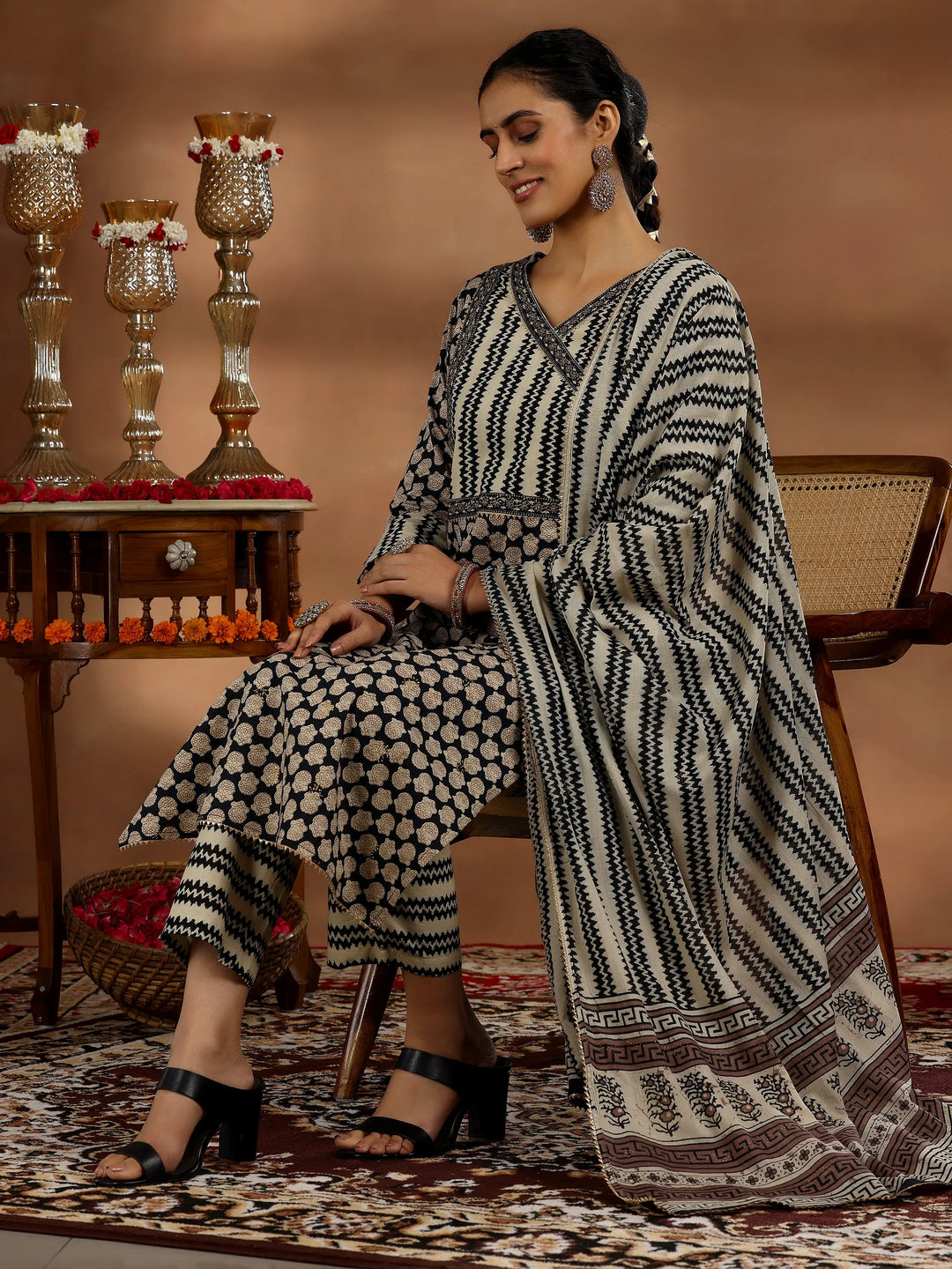  Black Printed Cotton Straight Suit With Dupatta 