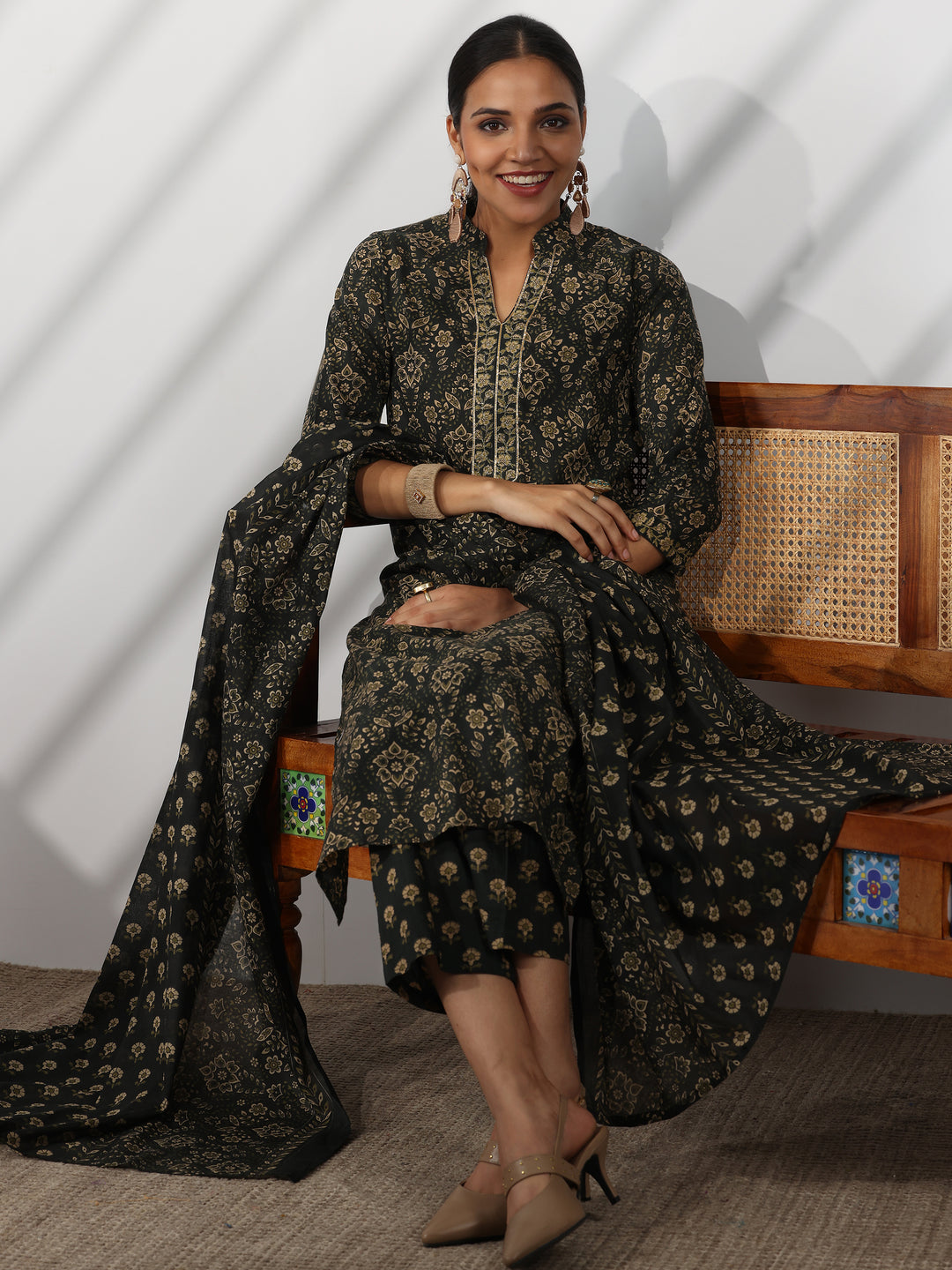 Green Printed Cotton Straight Suit With Dupatta