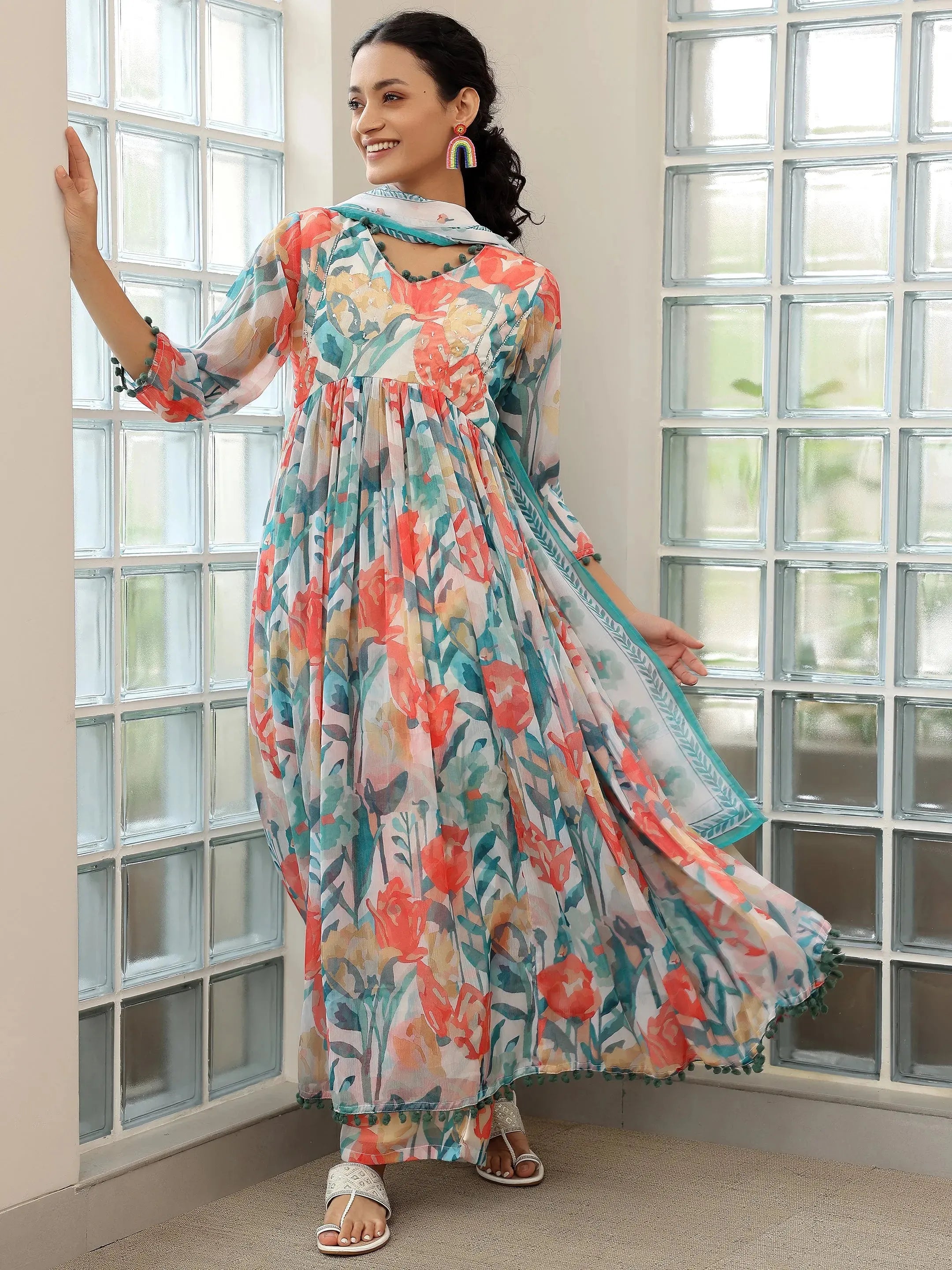 Buy Off white Printed Poly Chiffon A Line Kurta With Palazzos Dupatta Online at Rs.4199 Libas