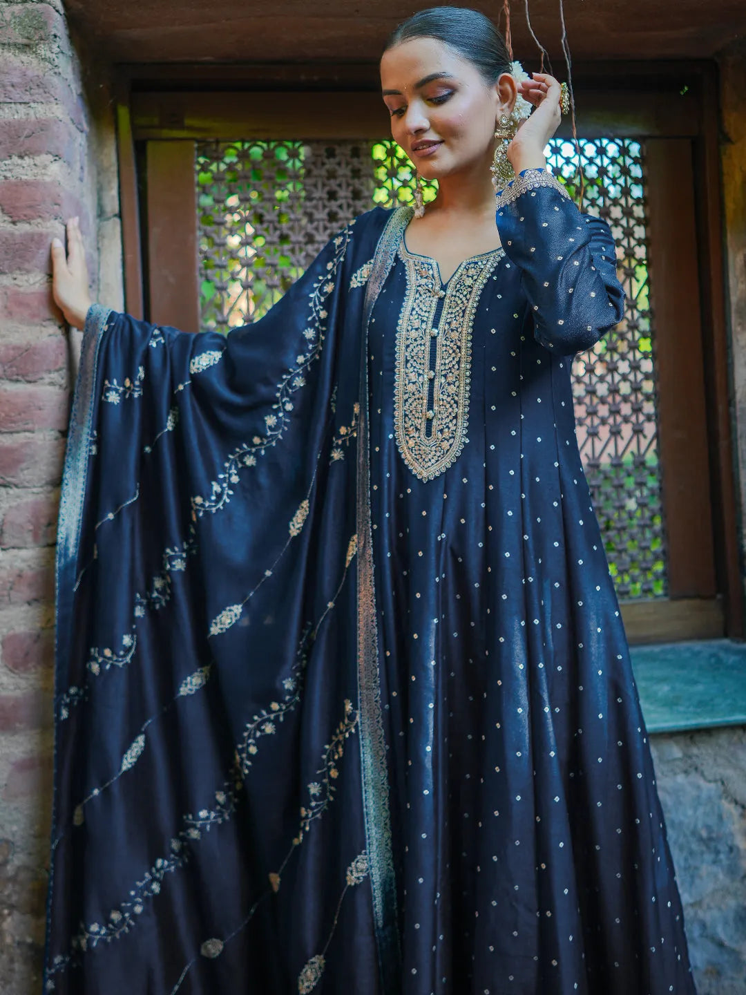  Rizwana Blue Embroidered Silk Blend A-Line Kurta With Trousers & Dupatta 