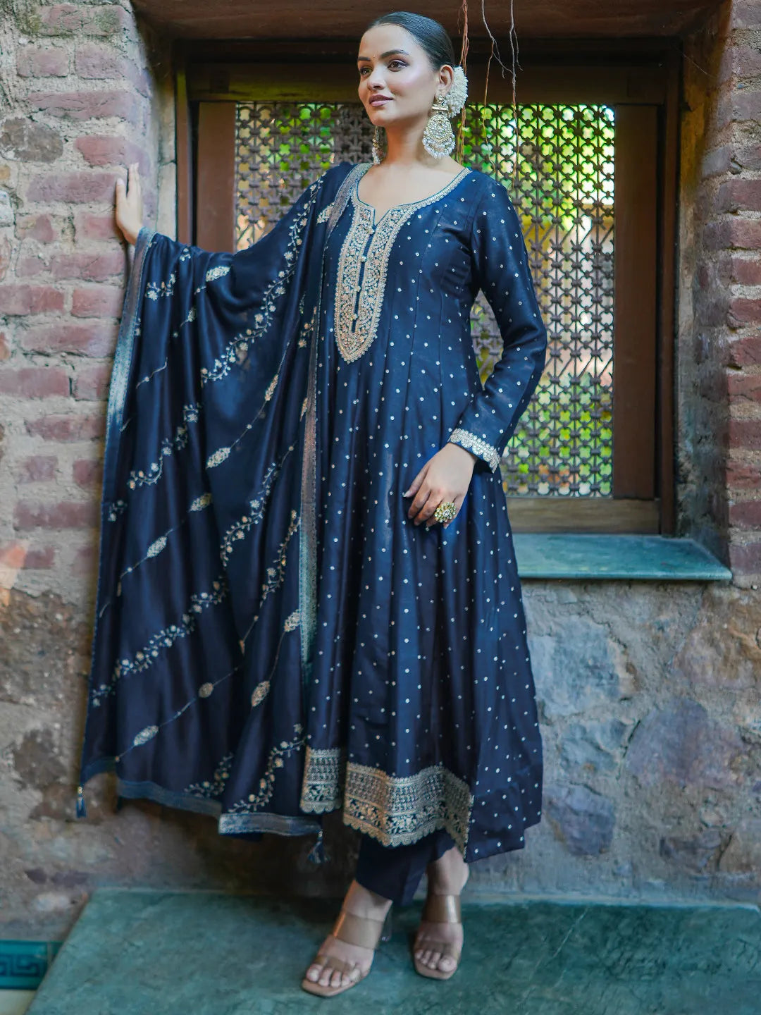  Rizwana Blue Embroidered Silk Blend A-Line Kurta With Trousers & Dupatta 