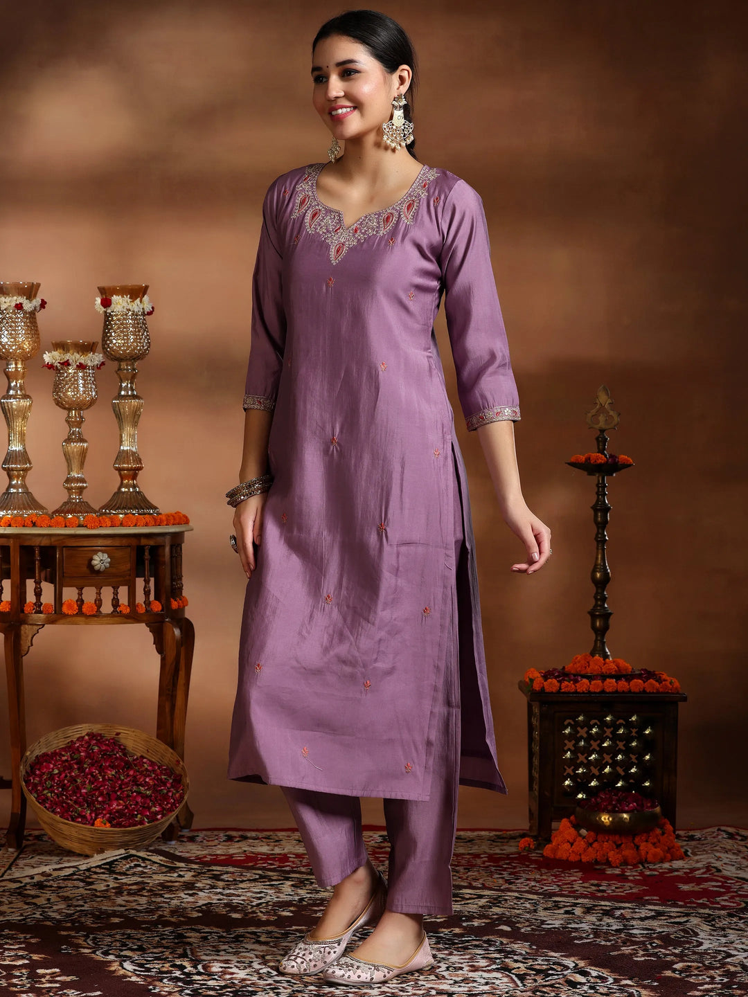  Mauve Embroidered Silk Blend Straight Suit With Dupatta 