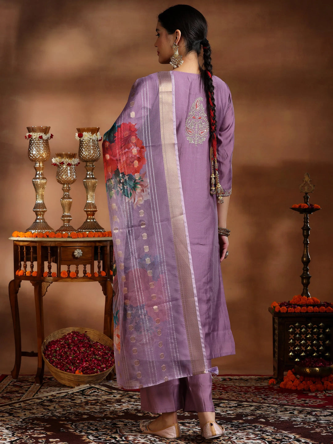  Mauve Embroidered Silk Blend Straight Suit With Dupatta 