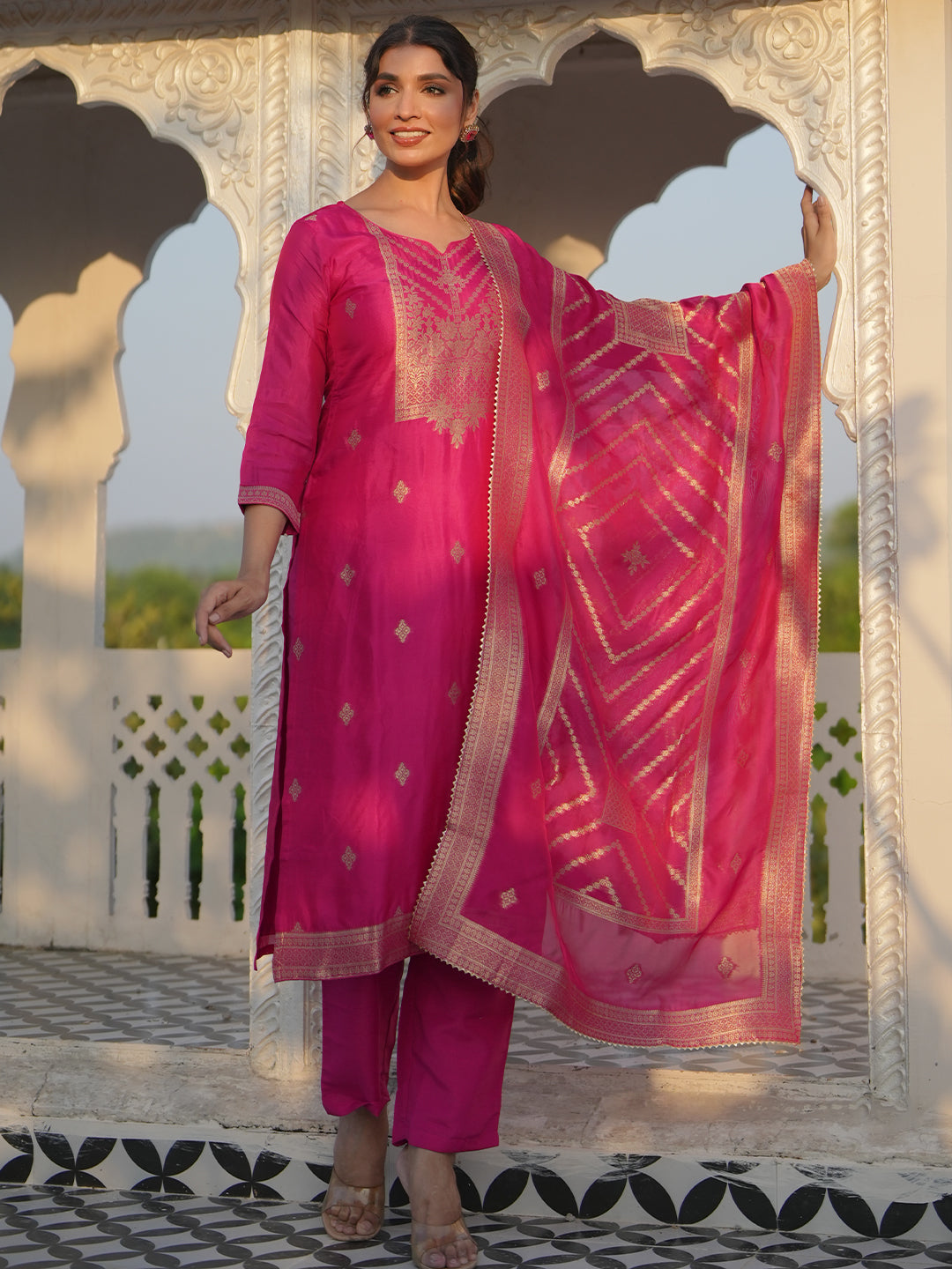  Pink Woven Design Silk Blend Straight Suit With Dupatta 