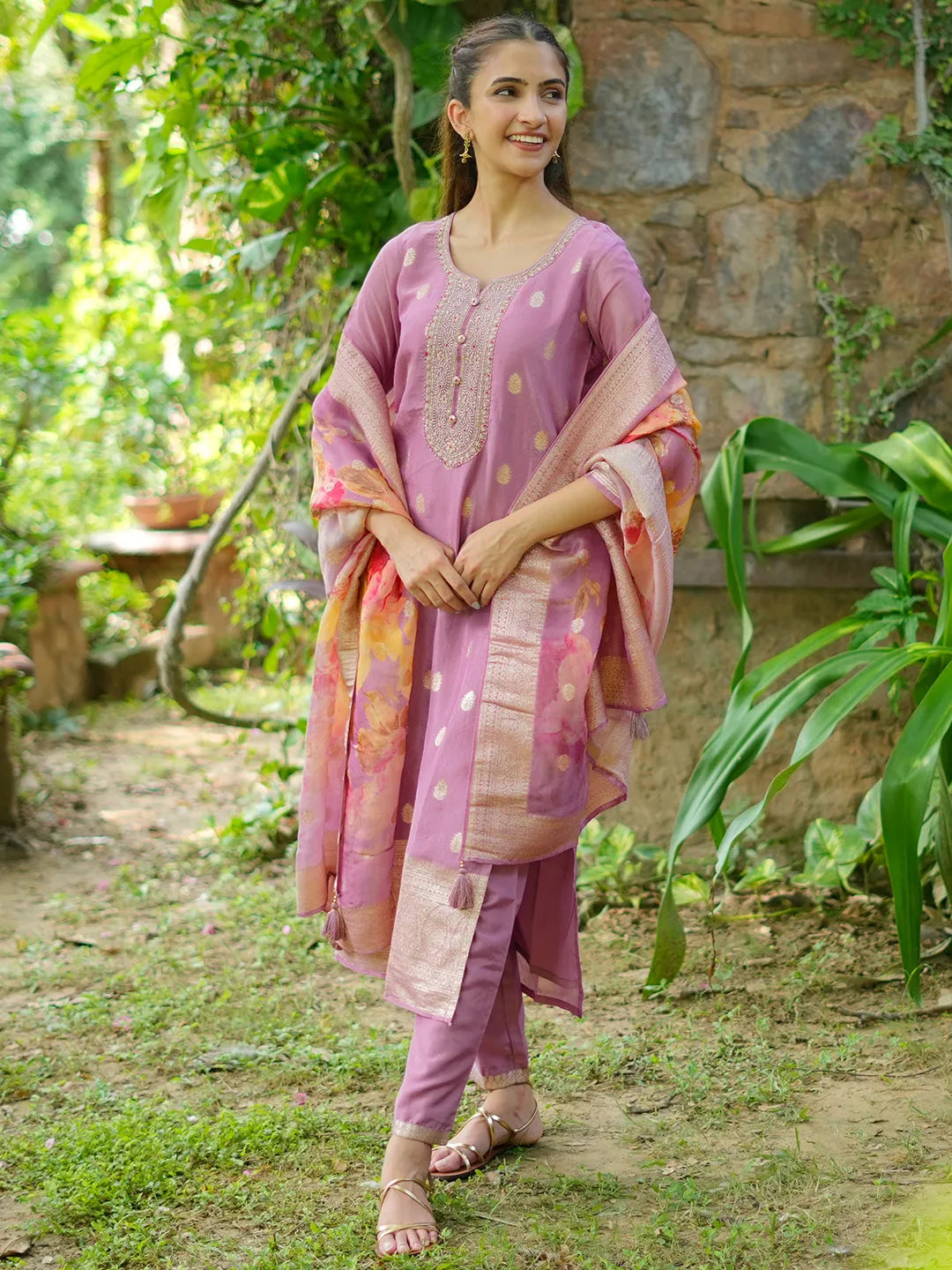  Mauve Woven Design Silk Blend Straight Kurta With Palazzos & Dupatta 