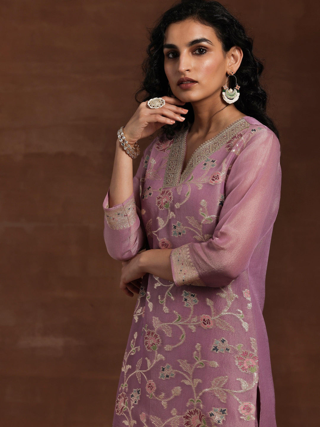 Mauve Woven Design Silk Blend Straight Kurta With Trousers & Dupatta - Libas 