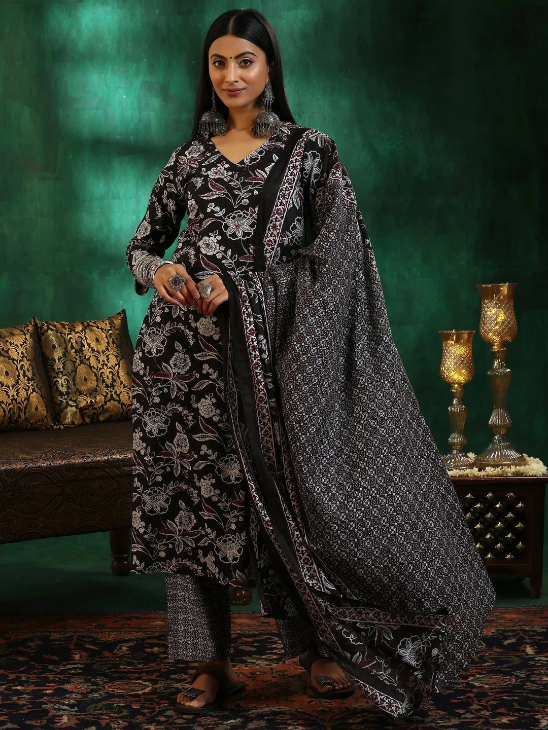  Black Printed Cotton Straight Suit With Dupatta 