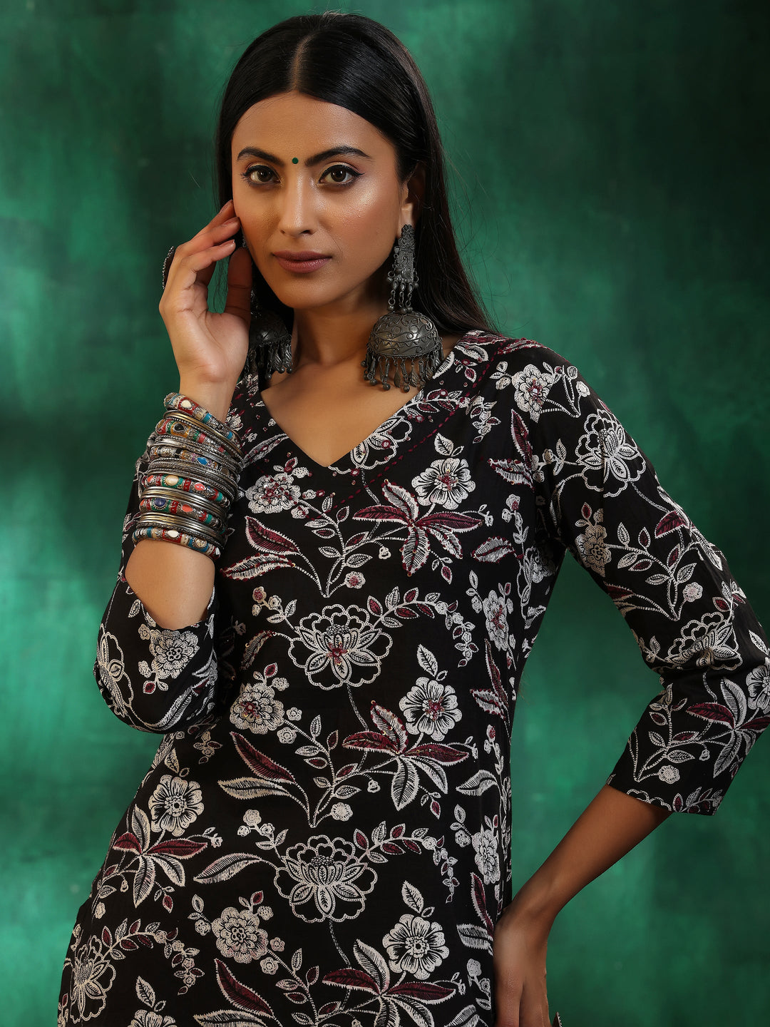  Black Printed Cotton Straight Suit With Dupatta 