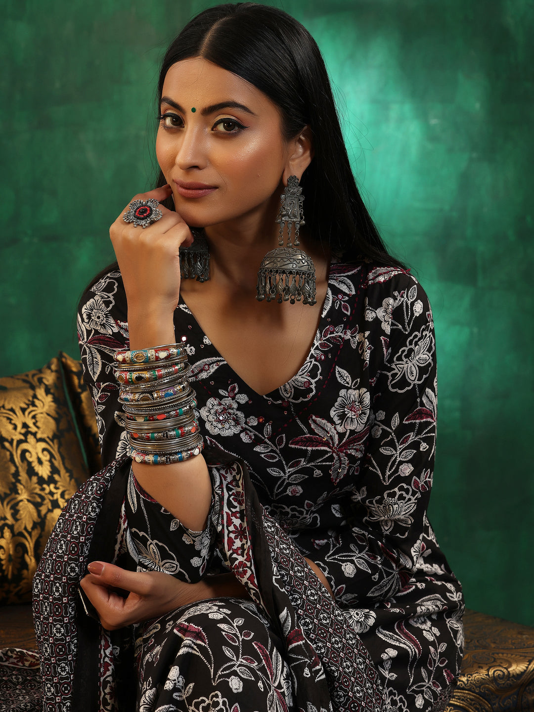  Black Printed Cotton Straight Suit With Dupatta 