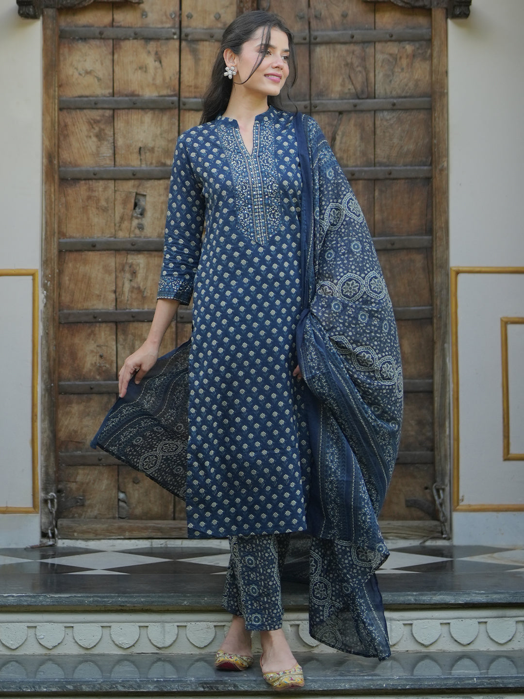 Blue Printed Cotton Straight Suit With Dupatta