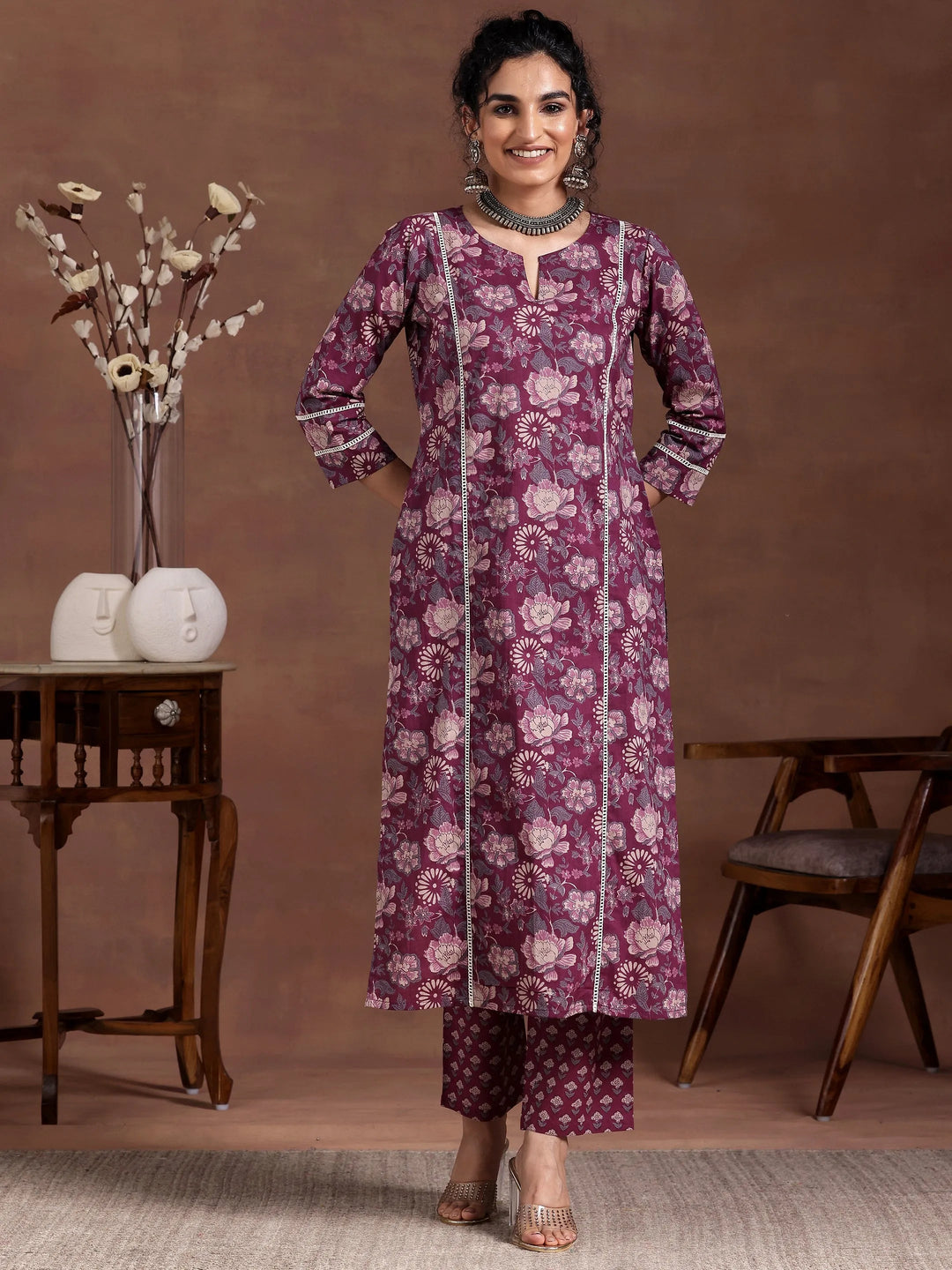  Wine Printed Cotton Straight Kurta Set 