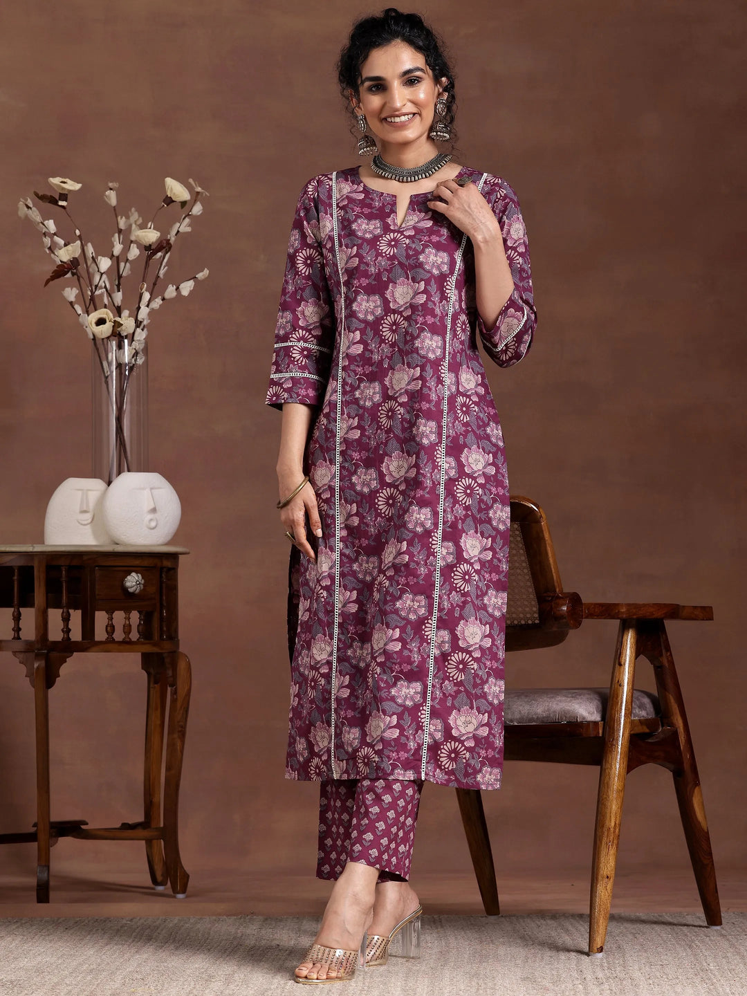  Wine Printed Cotton Straight Kurta Set 