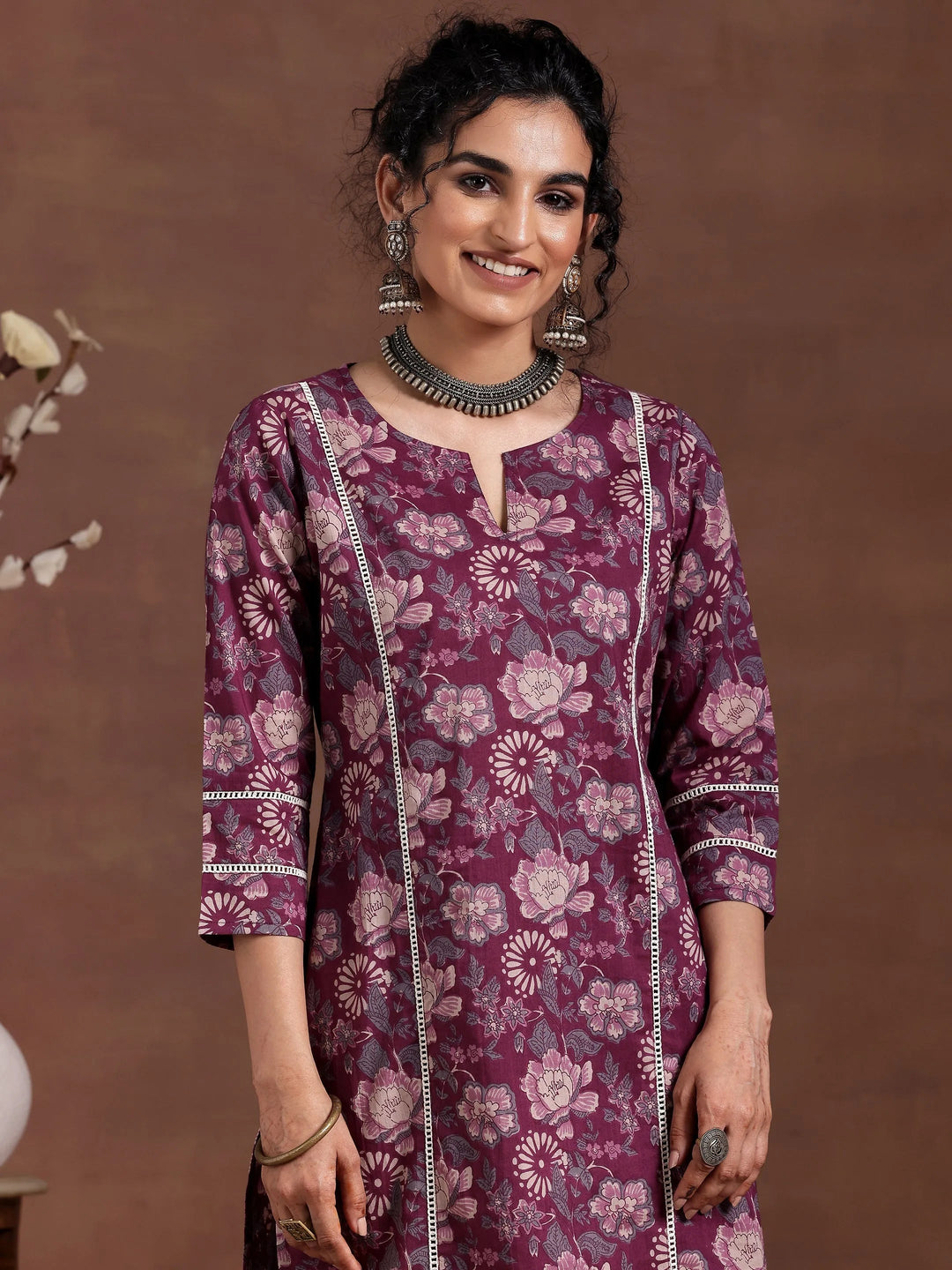  Wine Printed Cotton Straight Kurta Set 