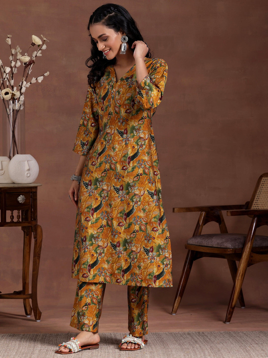 Mustard Printed Silk Blend Co-Ords - Libas 