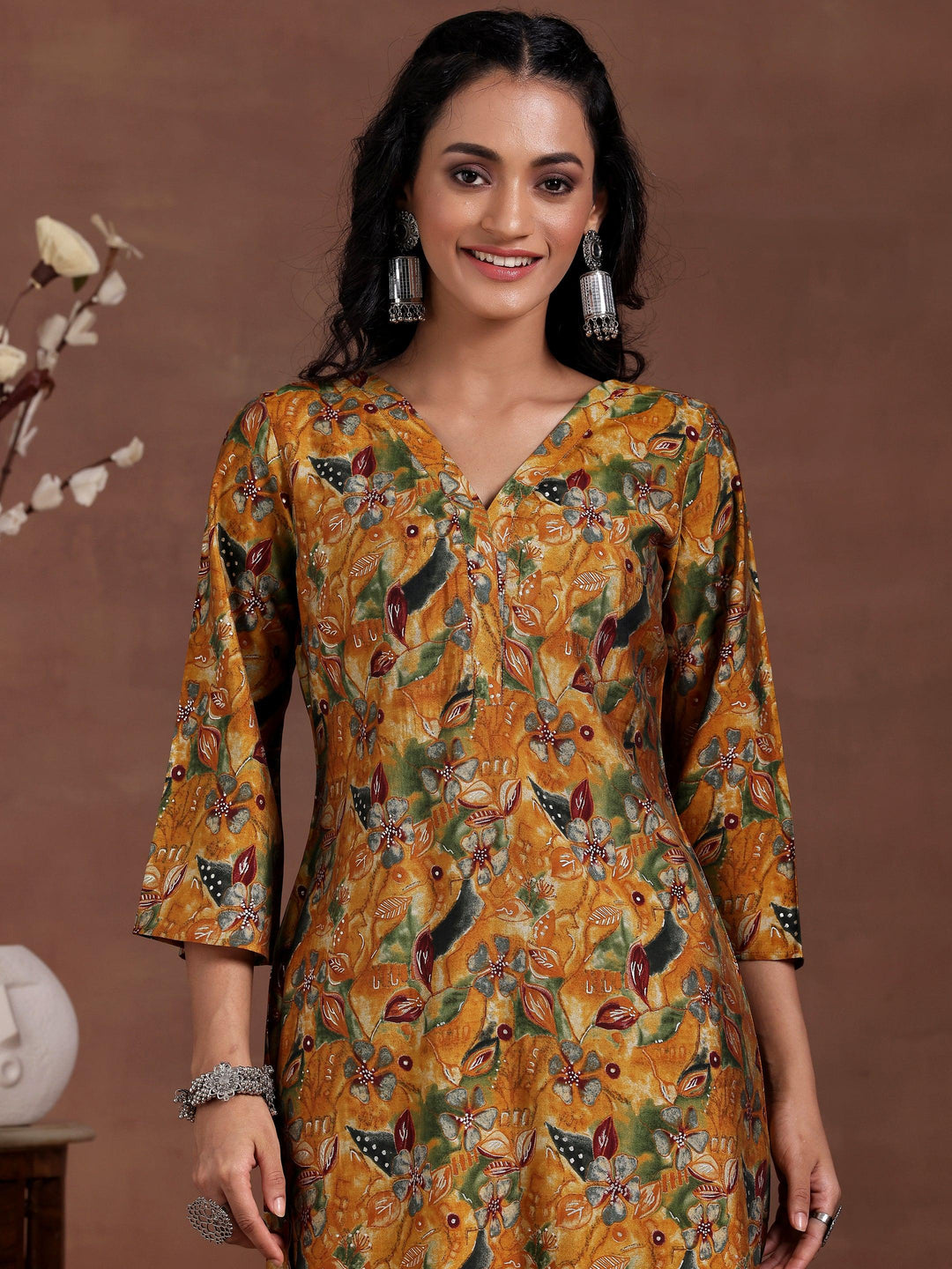 Mustard Printed Silk Blend Co-Ords - Libas 