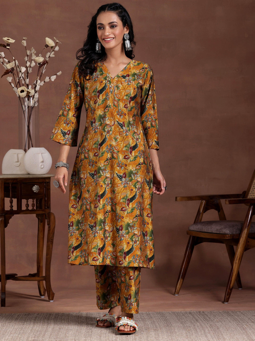 Mustard Printed Silk Blend Co-Ords - Libas