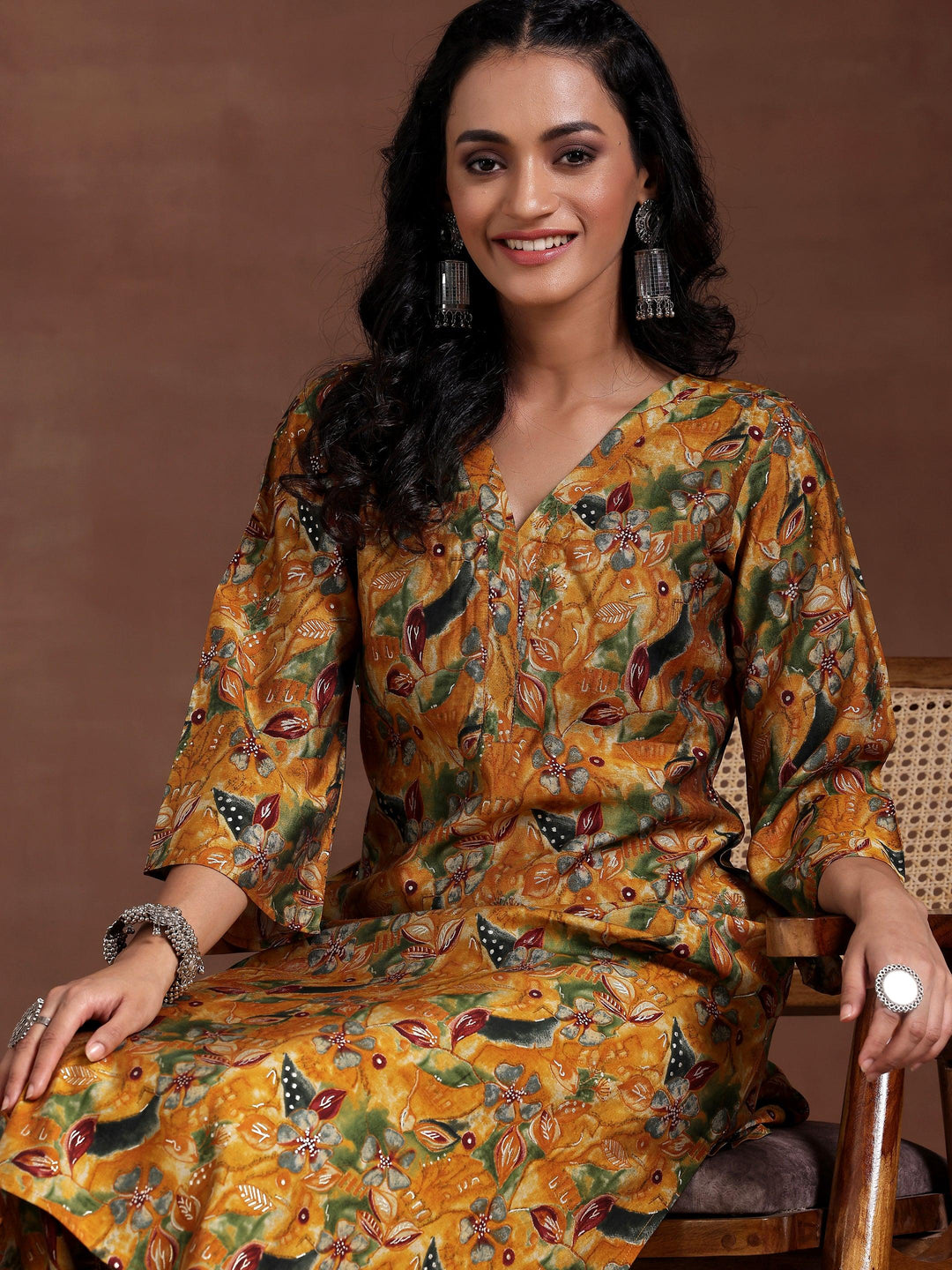 Mustard Printed Silk Blend Co-Ords - Libas