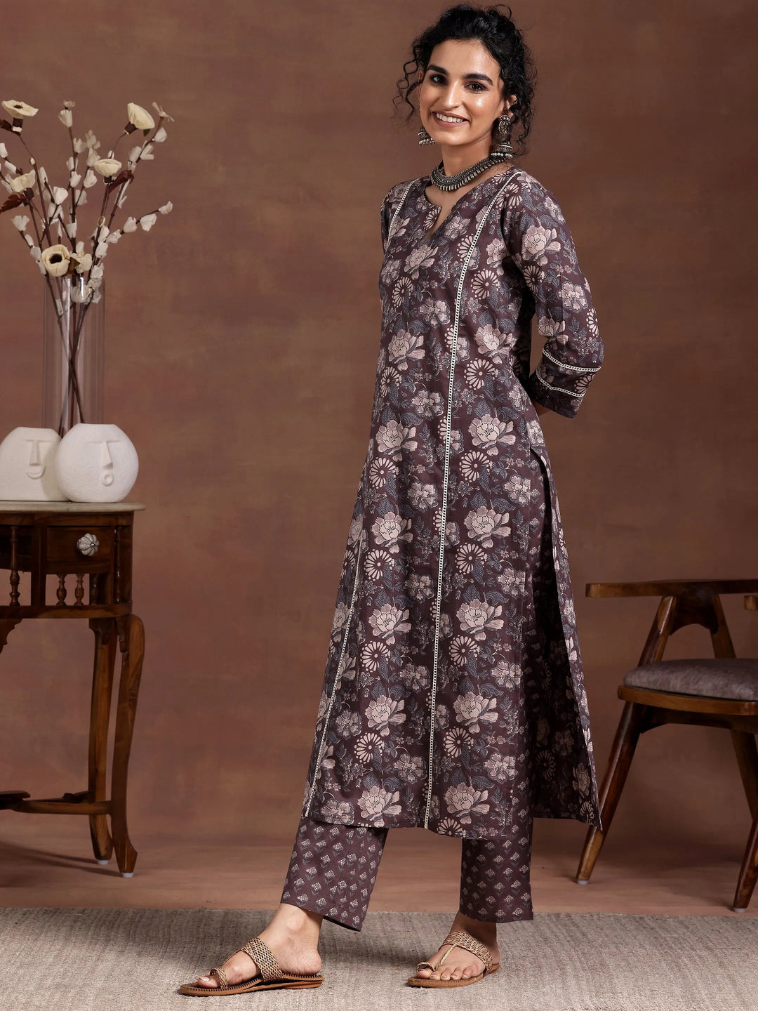  Brown Printed Cotton Straight Kurta Set 