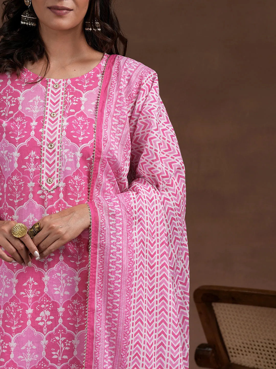  Pink Printed Cotton Straight Suit With Dupatta 