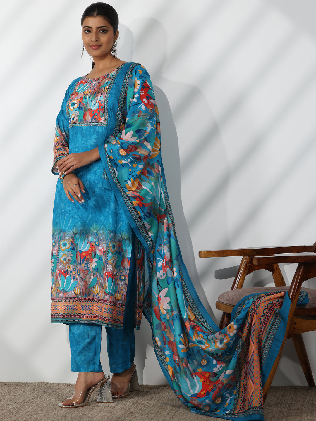  Blue Printed Linen Straight Suit With Dupatta 