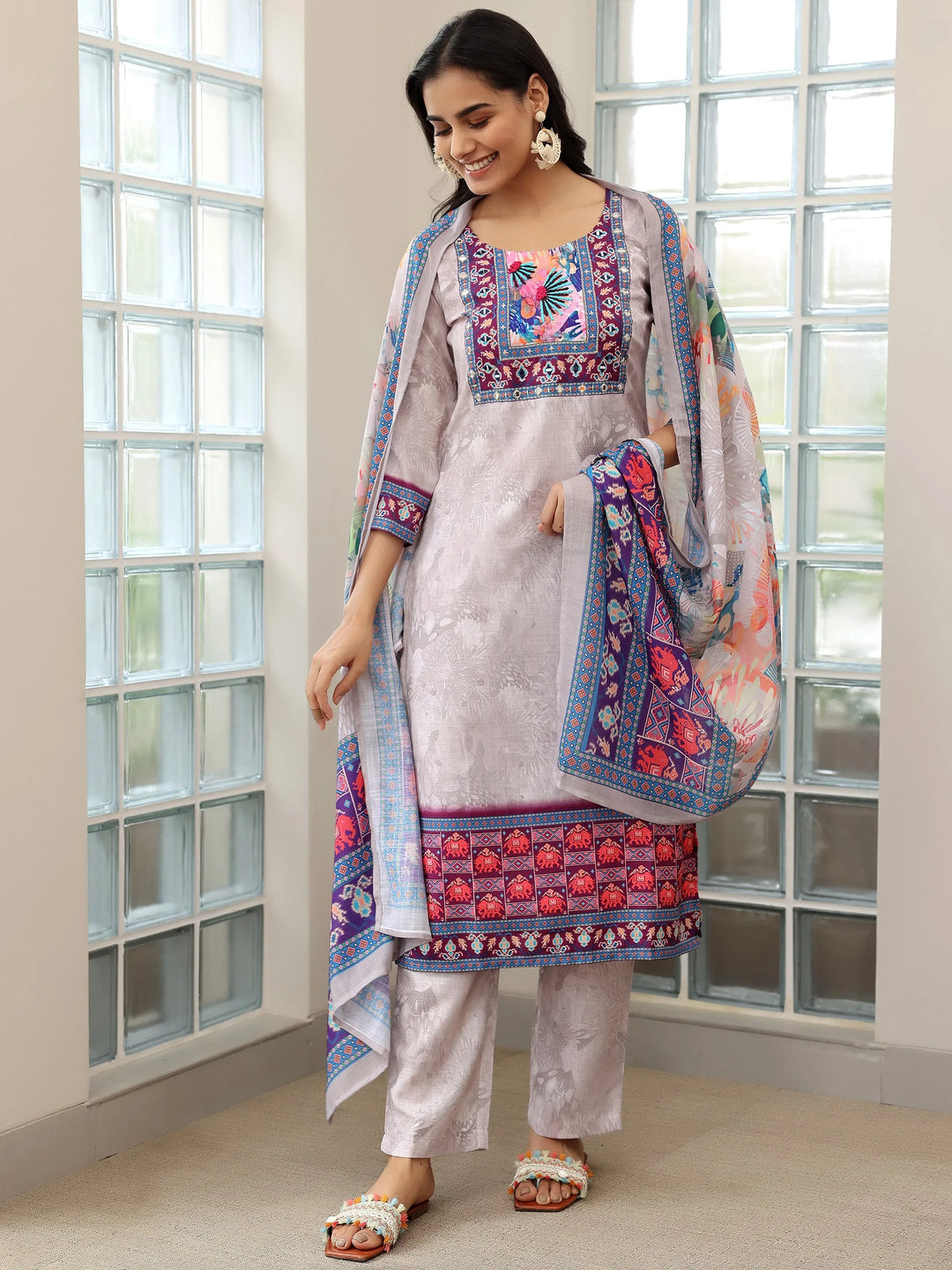  Grey Printed Linen Straight Suit With Dupatta 