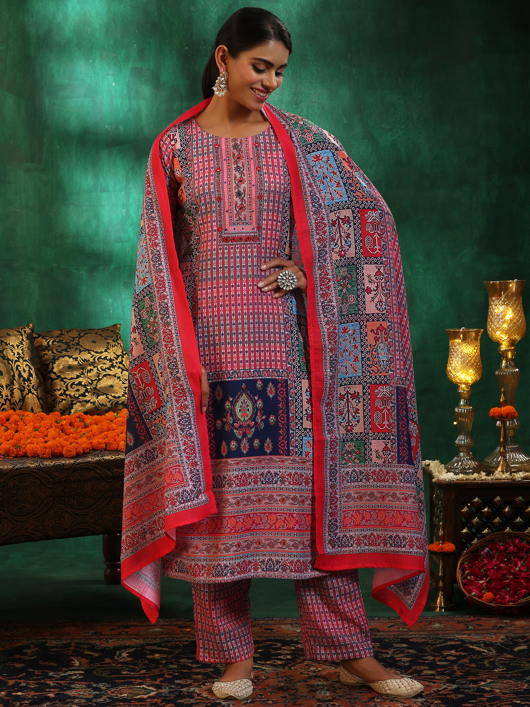  Multicoloured Printed Linen Straight Suit With Dupatta 