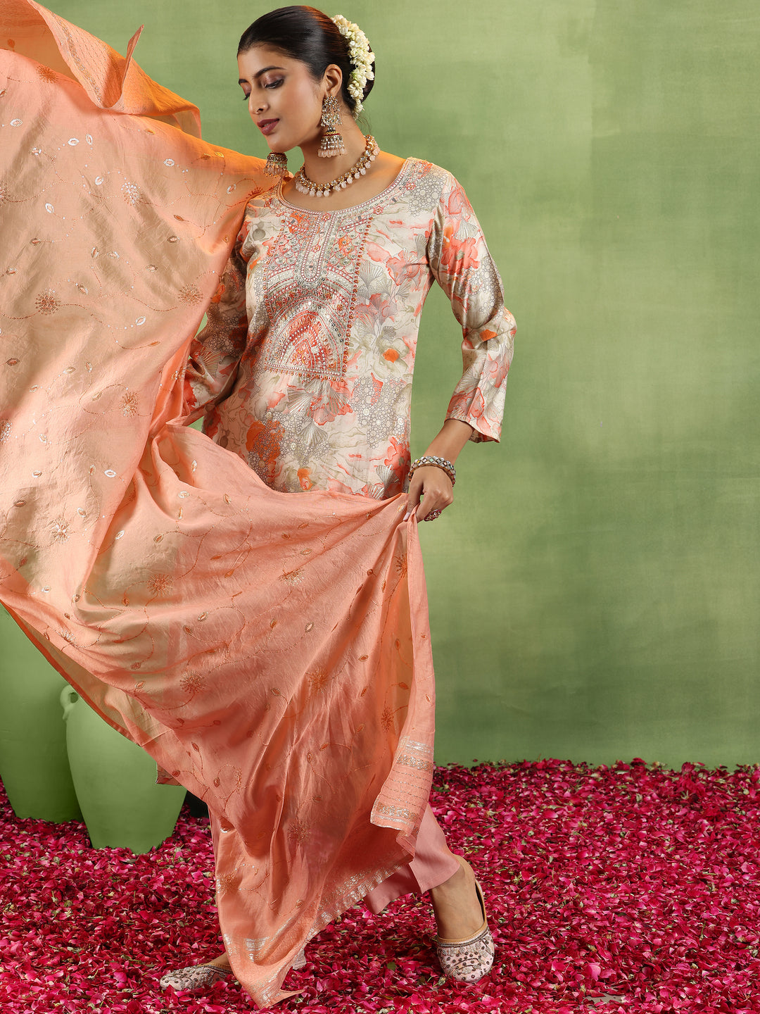  Peach Printed Silk Blend Straight Suit With Dupatta 