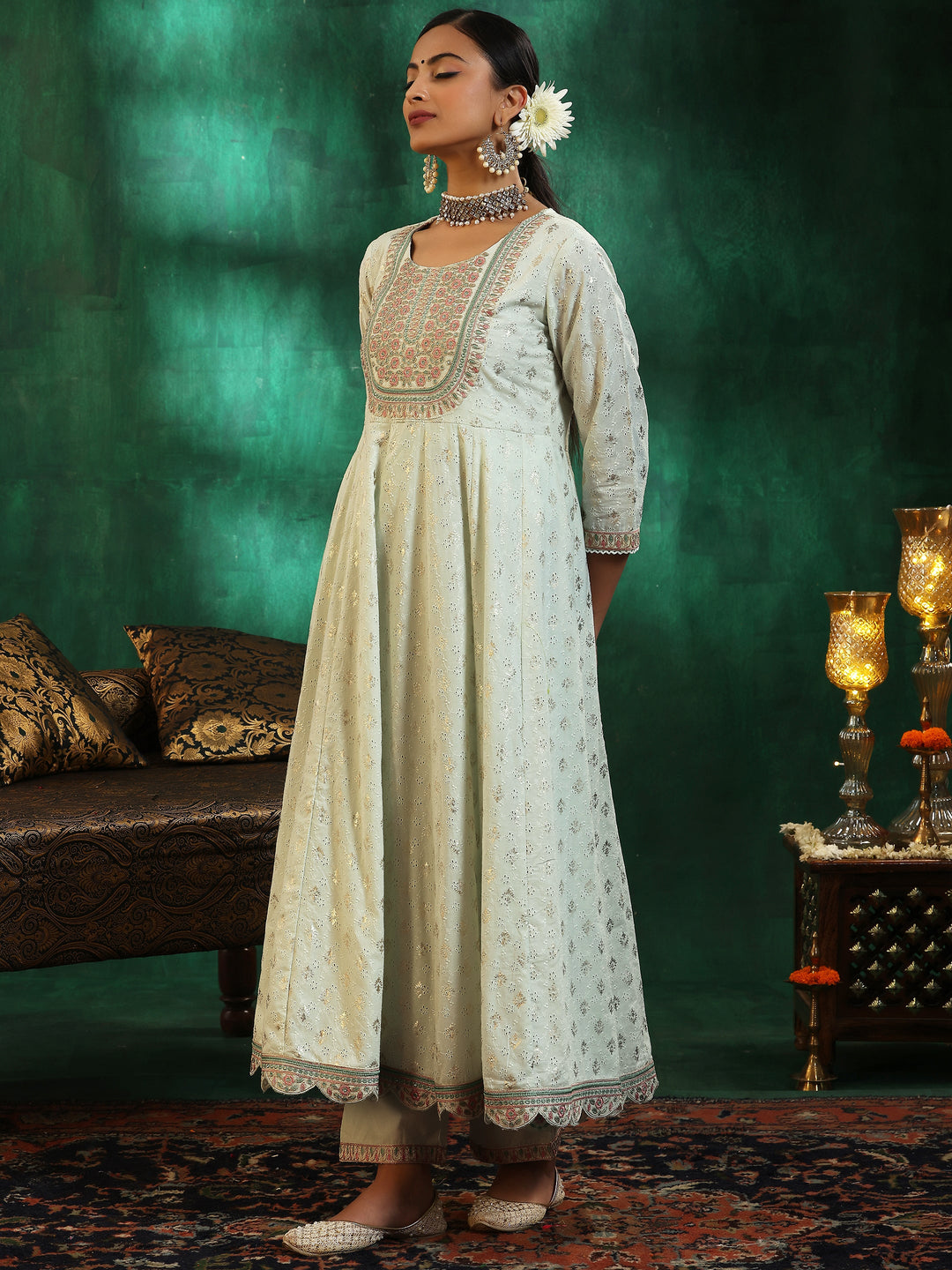  Sea Green Embroidered Cotton A-Line Kurta With Trousers & Dupatta 