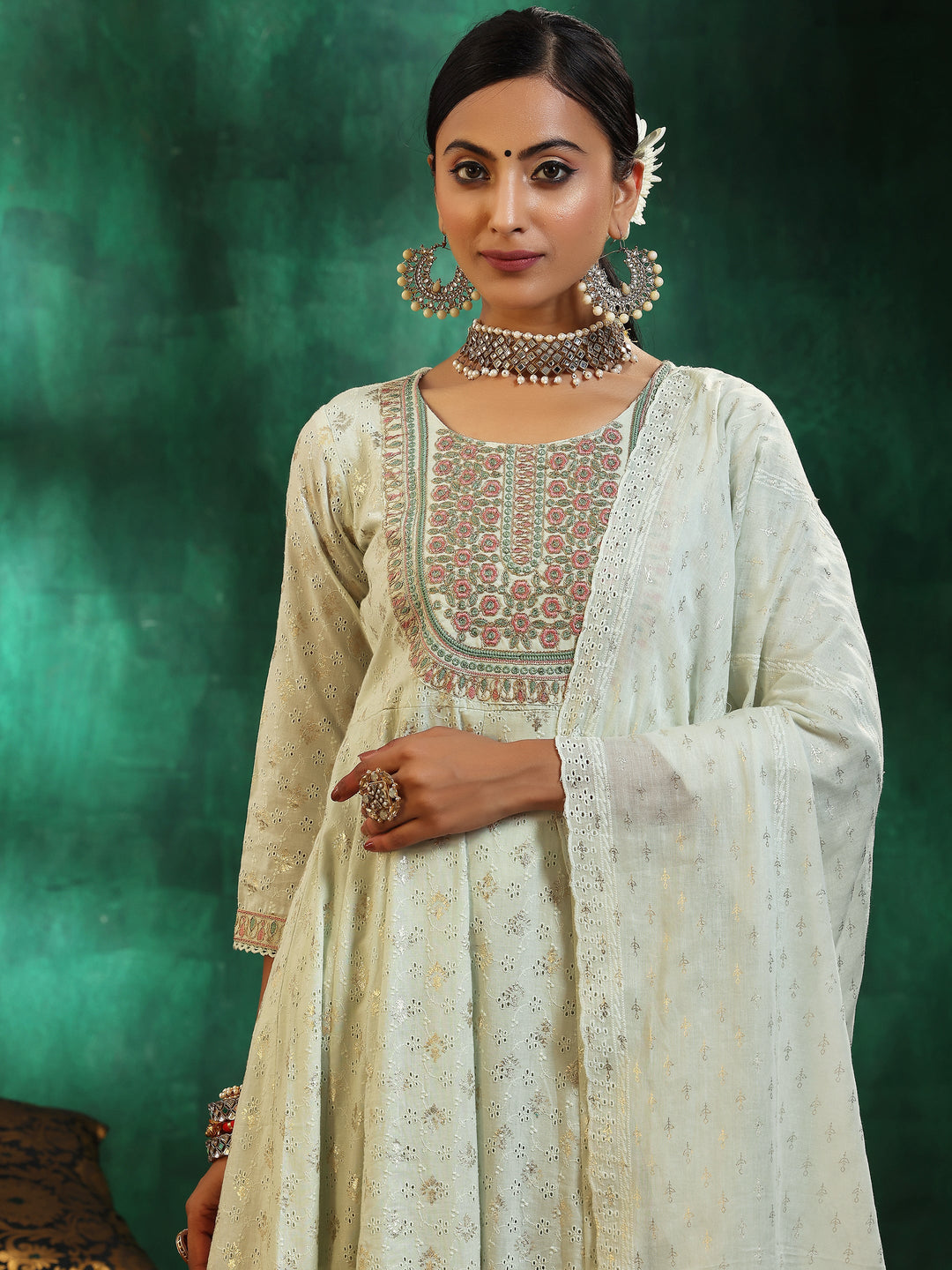  Sea Green Embroidered Cotton A-Line Kurta With Trousers & Dupatta 