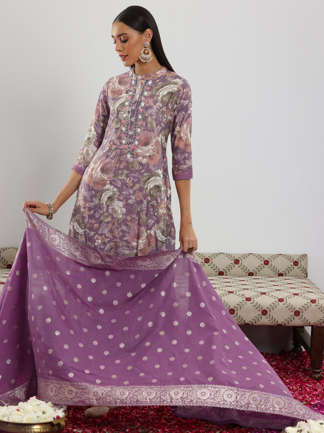 Lavender Printed Silk blend Straight Suit With Dupatta