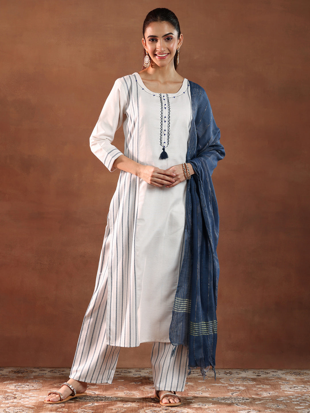  Off White Printed Cotton Blend Straight Suit With Dupatta 